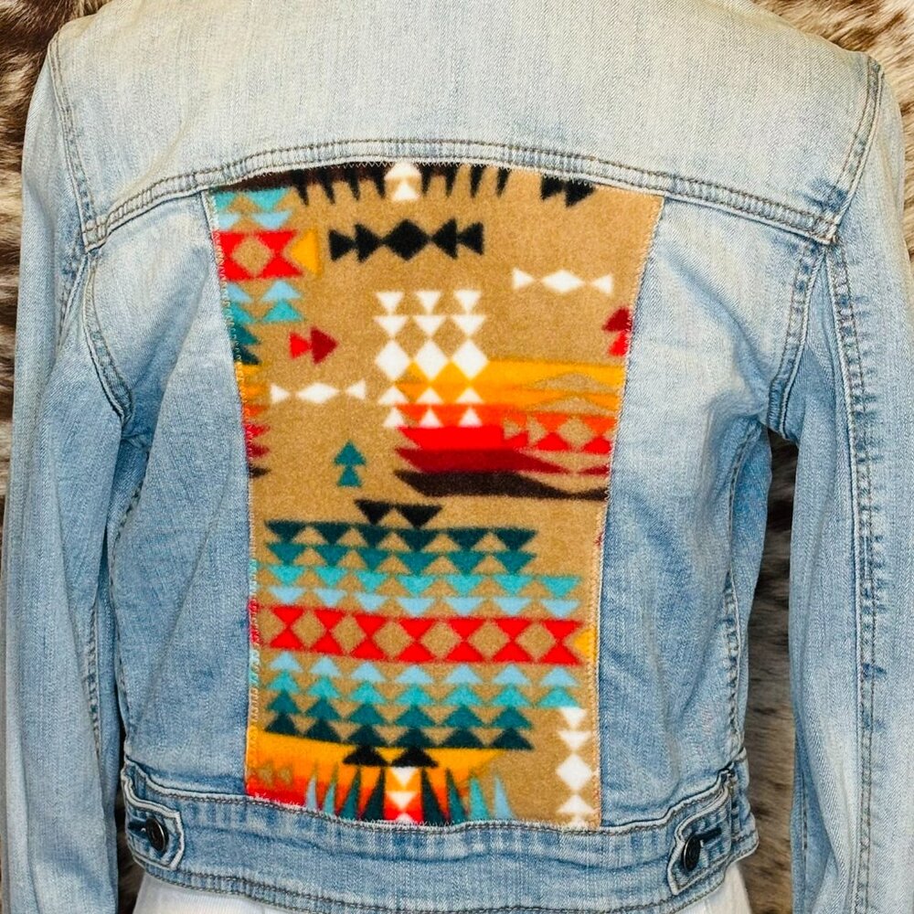 OOAK Upcycled western jean jacket w. multi colored Aztec fleece accents - S